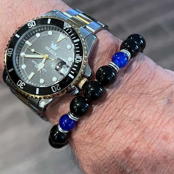 NWOT - Natural Black Onyx with Lapis Lazuli Men’s Stretch Bracelet - Picture 5 of 6